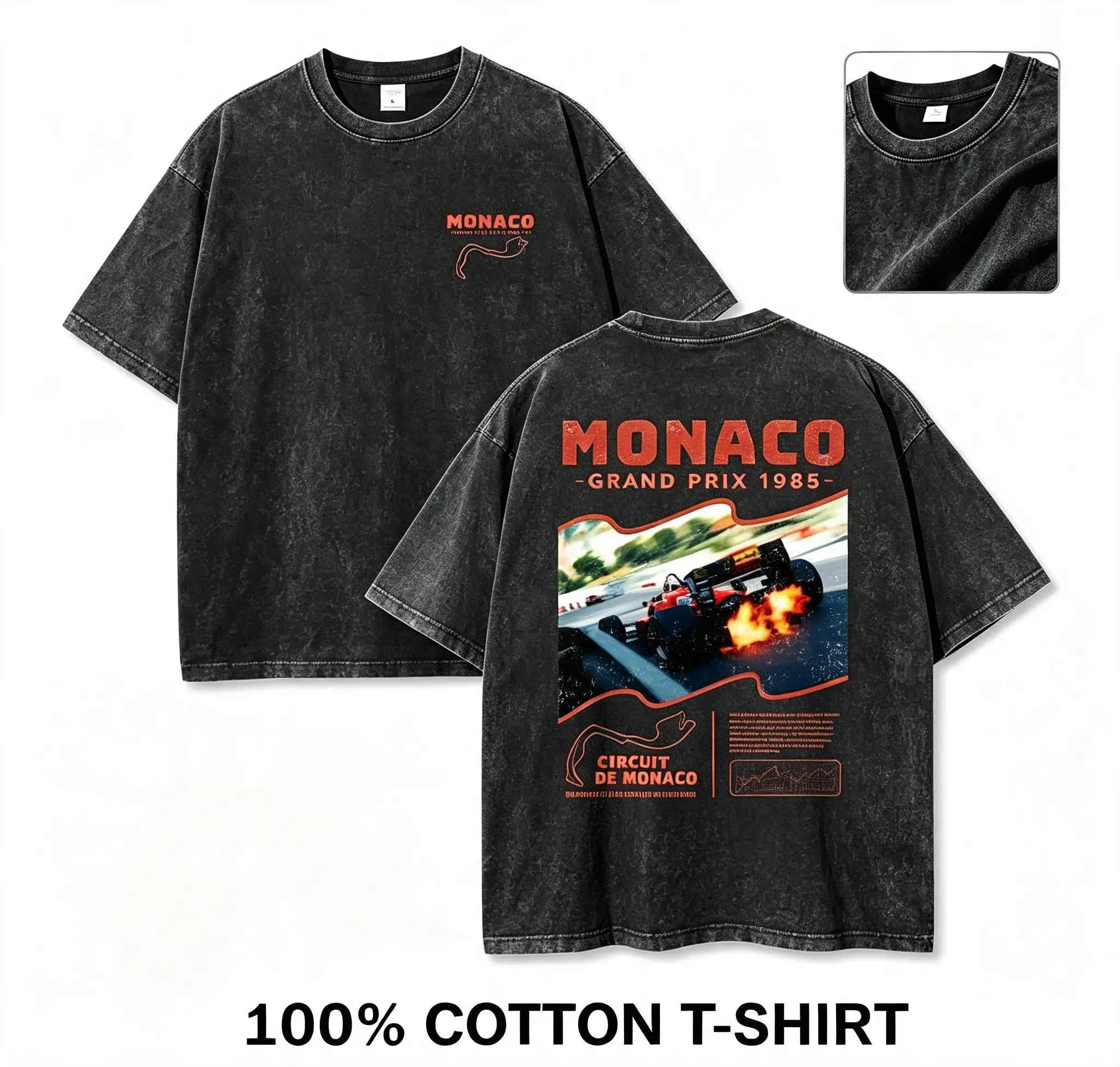 Men's 1985 Monaco Grand Prix 100% Cotton Oversized Loose T-Shirt - Circuit de Monaco Design, Front Logo Print, Vintage Washed F1 Motorsport Streetwear, Daily Casual Fan Outfit
