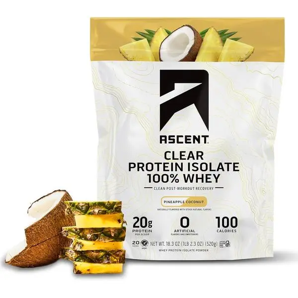 Ascent 100% Clear Whey Protein Powder - Post Workout Whey Protein Isolate, Zero Artificial Flavors & Sweeteners, Gluten Free, 5.5g BCAA, 2.1g Leucine, Essential Amino Acids, Pineapple Coconut, 20 Serv