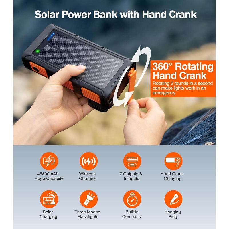 Power Bank Wireless Charger 45800mAh Built in Hand Crank and 4 Cables 15W Fast Charging Power Bank 7 Outputs & 4 Inputs Solar Portable Charger, SOS/Strobe/Strong Flashlights, Compass