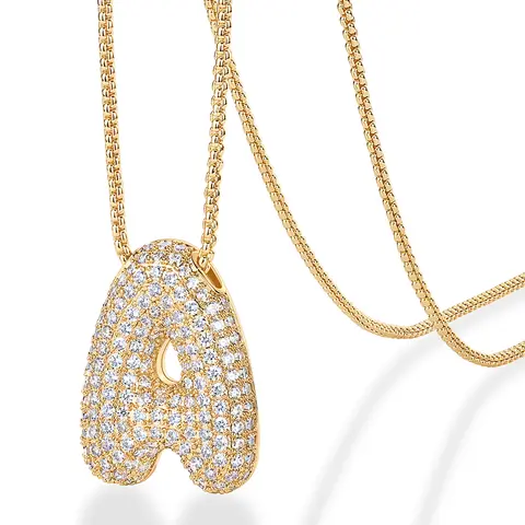 PAVOI 14K Gold Plated Bubble Letter Initial Necklaces for Women - Gold Balloon Necklace Letter - Cubic Zirconia Chunky Initial Pendant Necklaces - Jewelry Gifts