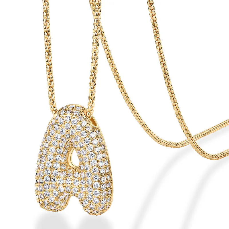 PAVOI 14K Gold Plated Bubble Letter Initial Necklaces for Women - Gold Balloon Necklace Letter - Cubic Zirconia Chunky Initial Pendant Necklaces - Jewelry Gifts