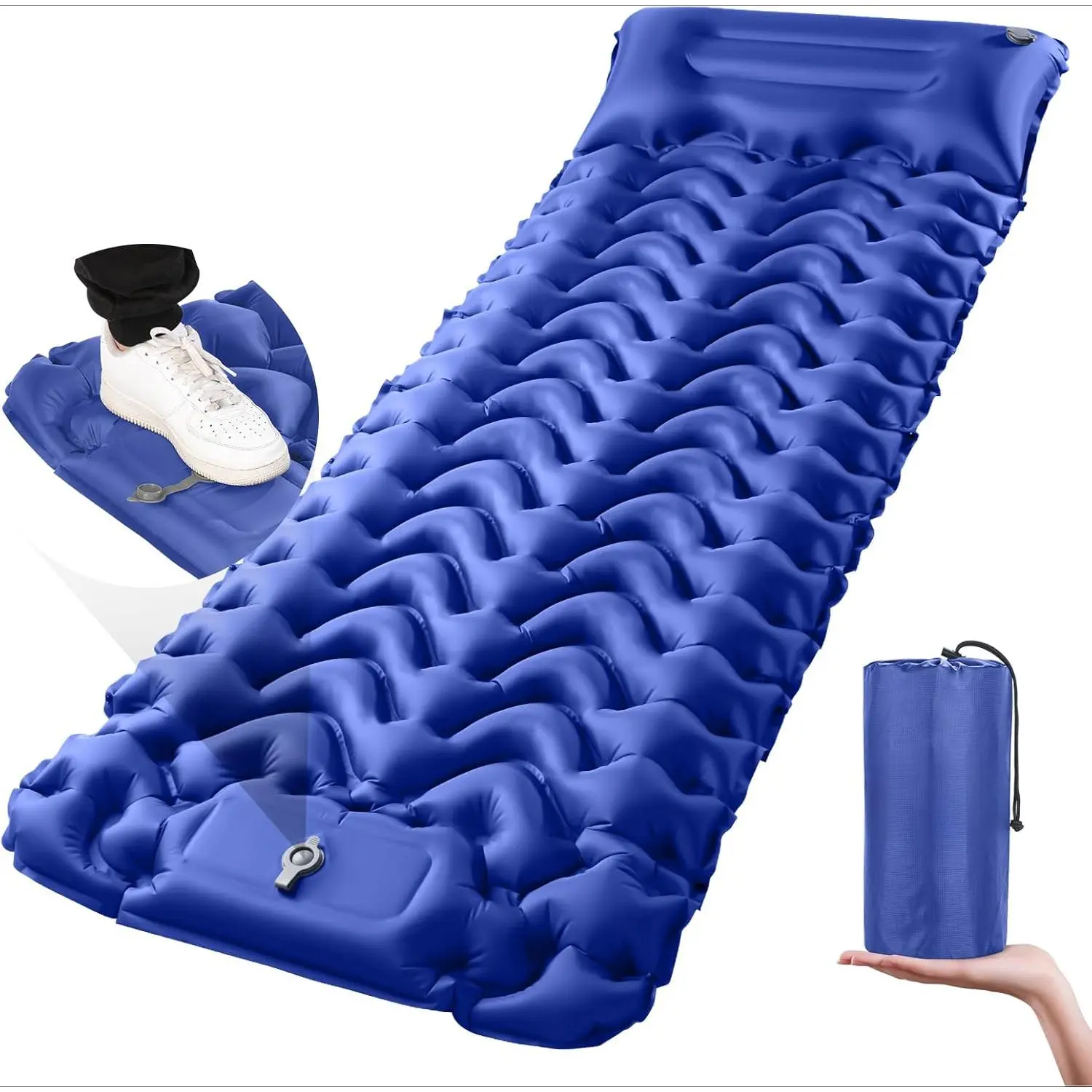 Ultralight Sleeping Pad with Built-in Pump for 20s Quick Inflation, Waterproof Ripstop Nylon Air Mattress for Camping, Hiking, and Backpacking, Blue, 1 Camping Pad, Compact Storage