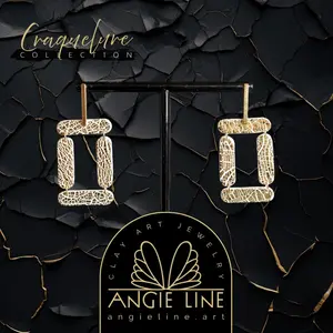 Ivory Rectangle Cracked Gold Earrings | Craquelure Collection - Angie Line Polymer Clay Jewelry by Artist Vanessa Freire with Black Velvet Jewelry Gift Bag