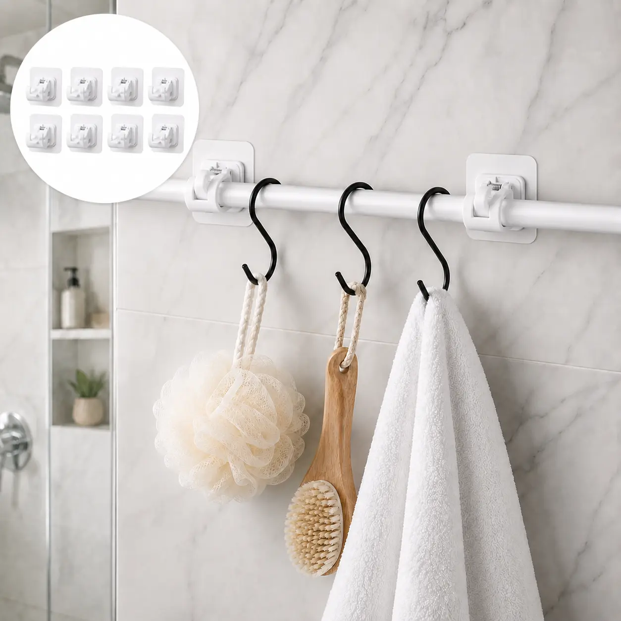 8 Pack Adhesive Curtain Rod Brackets No Drilling, Heavy Duty Curtain Rod Holders, Waterproof Wall Mount Curtain Hooks for Bathroom Shower Rod Window Curtain Support