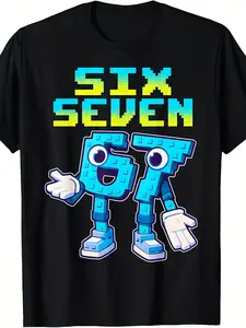 Girls' Funny Italian Brainrot 67 Number 6 & 7 Graphic T-Shirt - Retro Gaming Meme Design with Smiling Face & Six Seven 67 Print, Loose Fit Short Sleeve Round Neck Casual Summer Top for Kids, 8-Bit Pixel Art Style (No Chest Padding