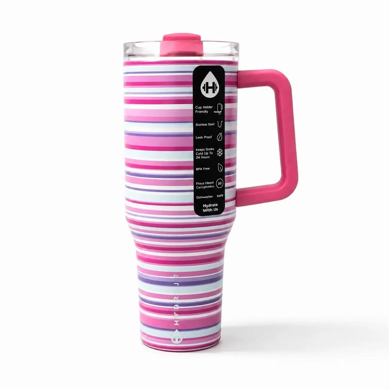 40oz Pastel Pink Purple Striped Handle Tumbler, Matching Pink Straw Lid, Leakproof Insulated Stainless Steel Mug, 24 Hour Cold Retention Girly Cup for Car Travel, Office & Daily Commute Drinkware Flasks Bottled Bottles Portable Water Bottles