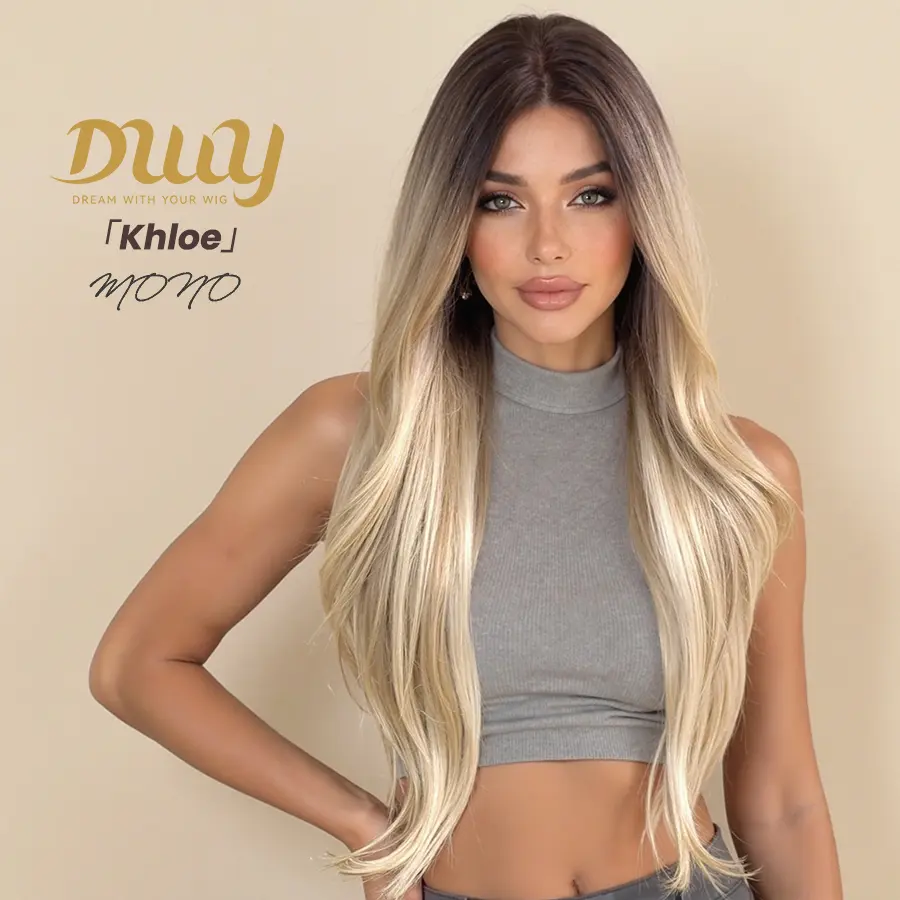 Khloe- NEW! DWY Mono Lace Front Free Part Long-Length Wavy Bronde Balayage Glueless Synthetic Wig for Women 28 Inches Autumn Outfits Blonde Wigs Curly Wavy Blonde