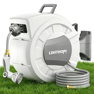 40/100/110/130FT X1/2" Retractable Garden Hose Reel, Decorative Outdoor Garden Hose Reels - Automatic Self Retract Wall Mount Hose Reel Enclosed Storage, Any Length Lock, 10 Pattern Nozzle-Grey