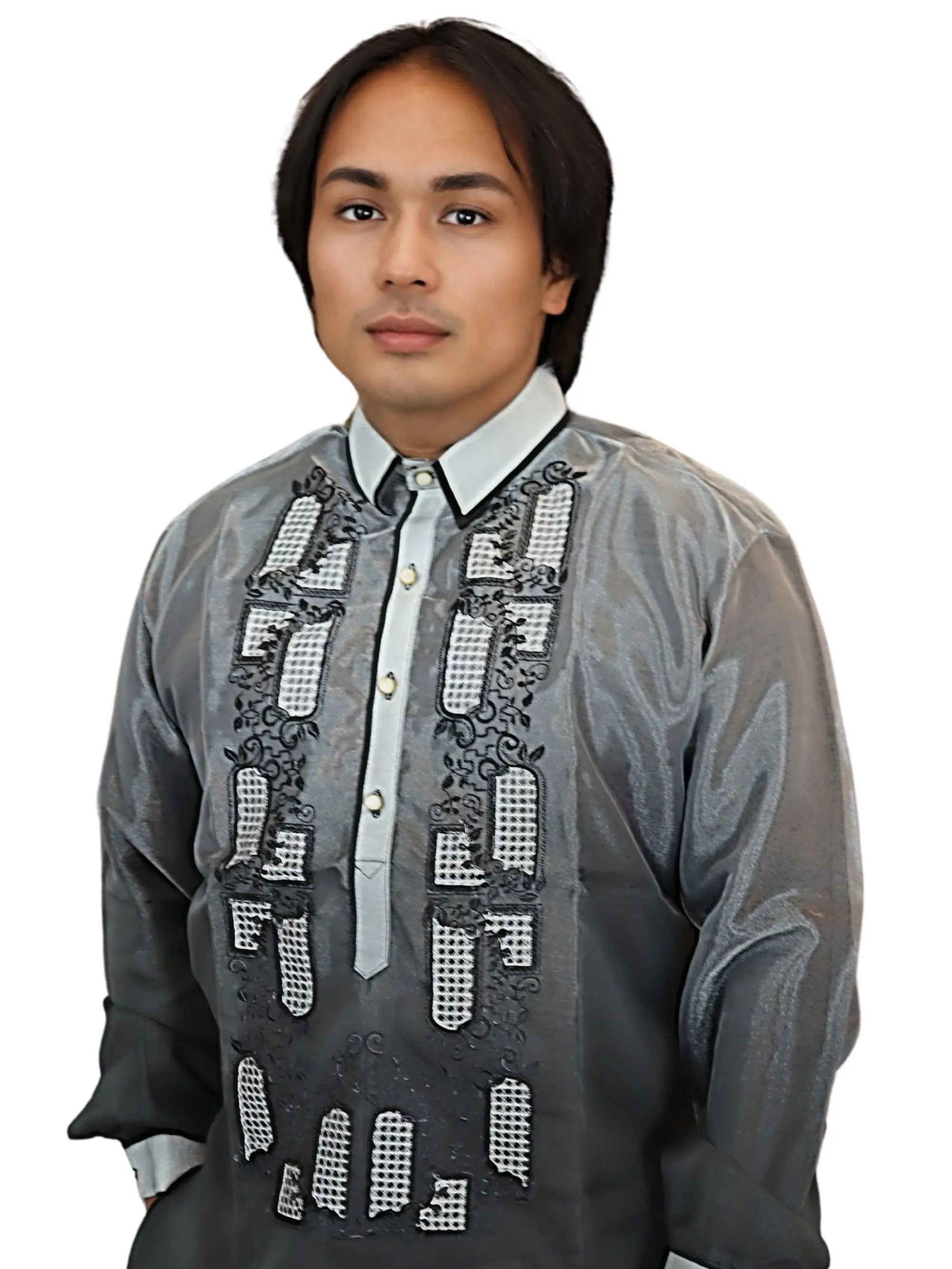 Handmade Kapamilya Barong Tagalog for Men - Long Sleeve Traditional Filipino Shirt - Black Organza - US Size