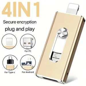 4-in-1 USB 3.0 Flash Drive for iPhone & Type-C & Android & PC, External Storage Drive 64GB/128GB/256GB/512GB/1TB, Plug and Play with App, Backup Photos and Videos, USB Memory Stick Pen Drive Thumb Drive, Christmas Gift for Boyfriend & Husband & Wife