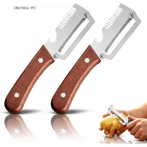 2026New Multi-functional Vegetable Peeler, Ktchen Multi-function Stainless Steel Thickened Fruit Peeler Knife with Wooden Handle, 3-1,Suitable for Peeling Fruits and Shredding Scallions