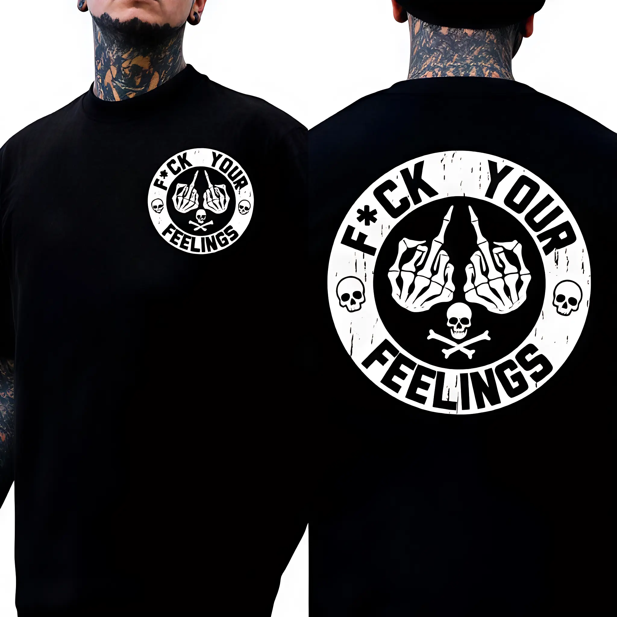 Men's "F*ck Your Feelings" Skull Graphic T-Shirt, Short-Sleeve Round Neck Loose Menswear, Bold Statement Limited Edition Fashion Streetwear Casual Angel Tee tiktokshopspringglowup,summervibes