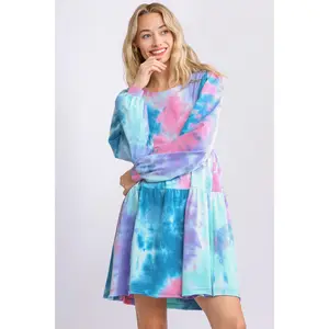 Umgee Full Size Tie Dye Round Neck Long Sleeve Babydoll Tiered Dress Plus Size