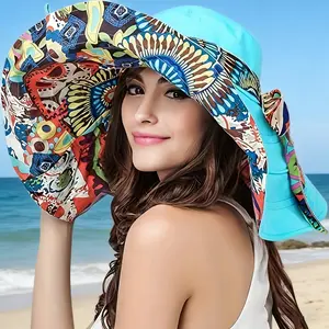 This 6.3-inch wide-brimmed sun hat is reversible, bohemian in style, and perfect for spring and summer outdoor activities. Ideal for holidays, gardening, and sports, it folds up for easy carrying and includes a windproof strap.
