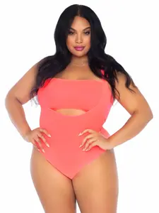 LegAvenue 89261X 23308 Tongue Tied Plus Bodysuit Set, Coral - 1X-2X