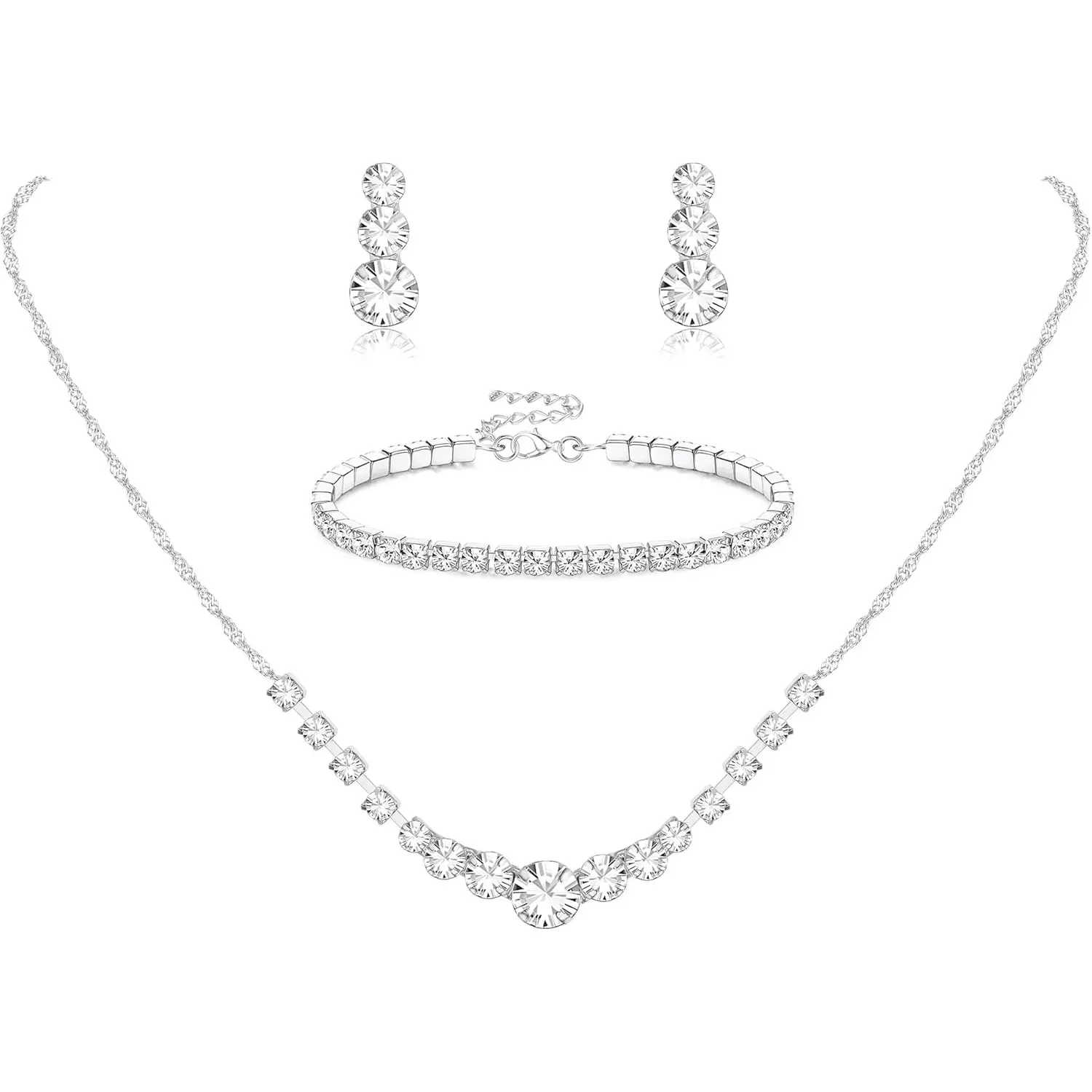 FUNRUN Silver Plated Jewelry Set for Women Rhinestone Crystal Necklace Drop Earrings Link Bangle Bracelet Bridal Wedding Jewelry Sets for Brides Bridemaid Prom Costume Accessories