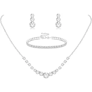 Silver Plated Jewelry Set for Women Rhinestone Crystal Necklace Drop Earrings Link Bangle Bracelet Bridal Wedding Jewelry Sets for Brides Bridemaid Prom Costume Accessories