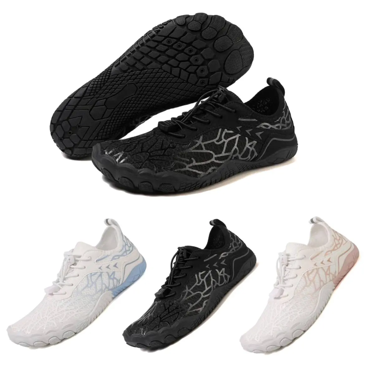 SANPON Female Round Toe Minimalist Flat Bottomed Sneakers - Breathable Mesh Upper, Waterproof Non-Slip Barefoot Design, Lightweight Laced Cloth Fabric, Low Top, Deep Lug Sole Pattern, Prints, Casual Beach Athletic Footwear