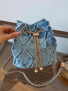 Fashionable Denim Design Crossbody Bag, Casual Argyle Quilted Design Shoulder Bag for Daily Used, Trendy All-match Commuter Bag, Denim Shoulder Purse, Denim Shoulder Satchel