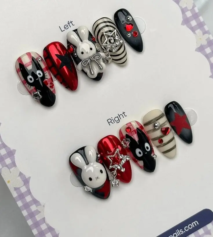 Red Black Bunny Cat Press On Nails | Gothic Kawaii 3D Nails| FREE Adhesive Tabs FREE Nail File FREE Cuticle Stick