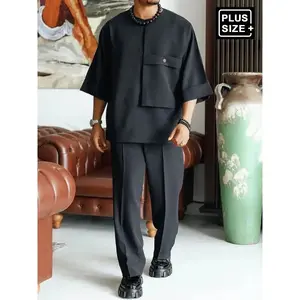 Plus Size Black Round Neck Men's Pants Set, Solid Color Shirt And Pants 2 Pcs/Set, Elastic Waist Pants, African Clothing, Casual Shirt And Pants Set, Party, Date, Everyday Wear, Cultural Events