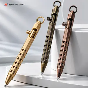 Bolt Action EDC Metal Pen, Vintage Brass Style Retractable Writing Pen with Keyring, Smooth Click Pen for Office Work School Journaling Teachers Students Gifts