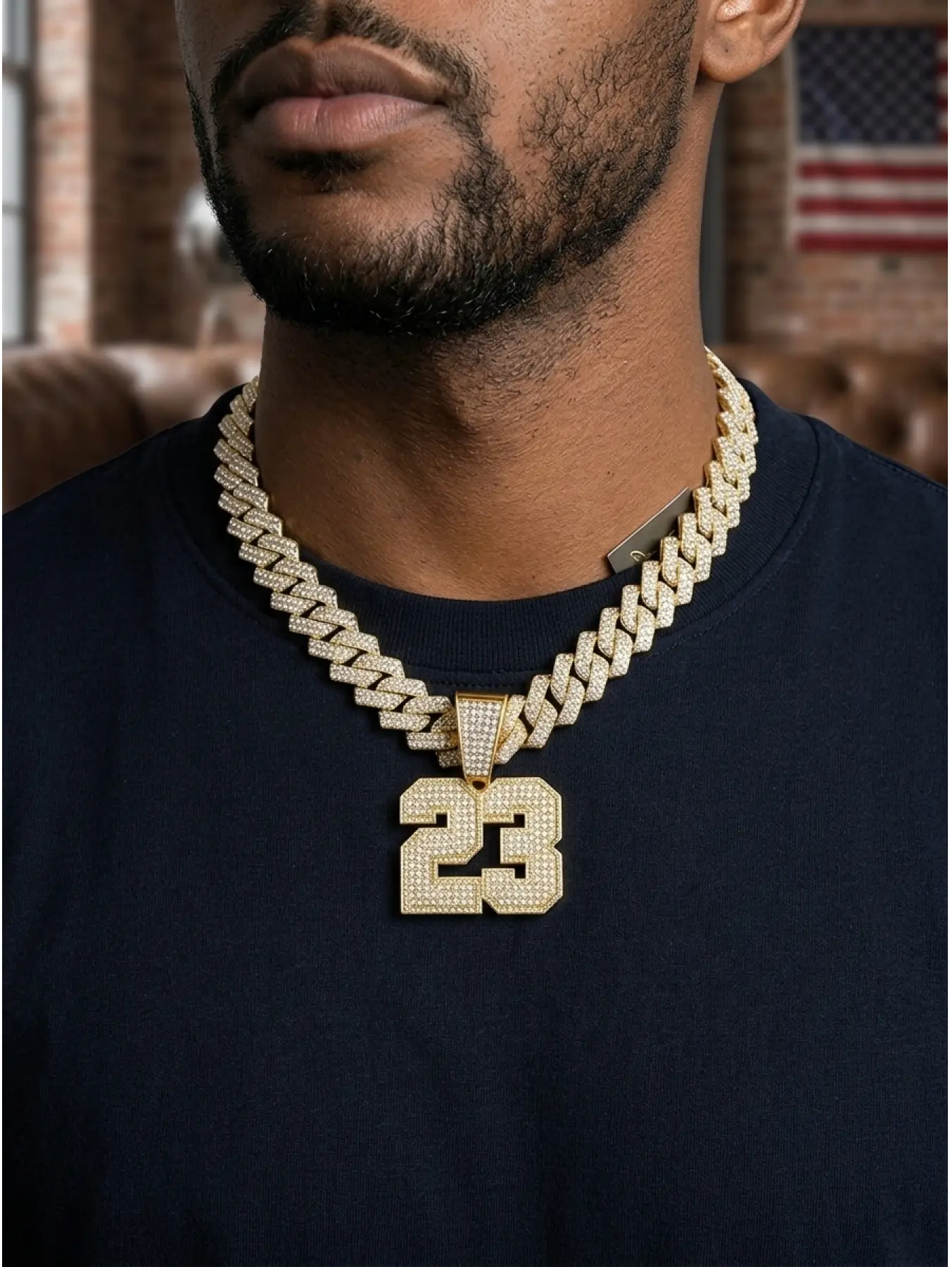 Hip-Hop Style "No. 23" Pendant paired with a fully iced-out Cuban link chain a punk-inspired perfect for parties and trendy fashion styling Fashion Accessory Necklace Iced Out Jewelry Cuban Link Design