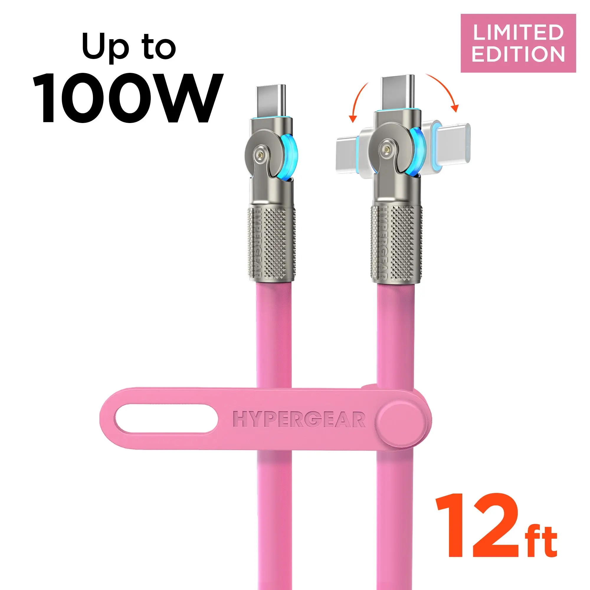 100W Chunky Rugged Zinc Alloy Silicone USB-C to USB-C Fast Charging Cable for Smartphones, 180° Rotating Tips, 12ft Extended Length, E-Marker Chip, LED Rim Lighting, Pink - Cellphone & Electronic Device Charger