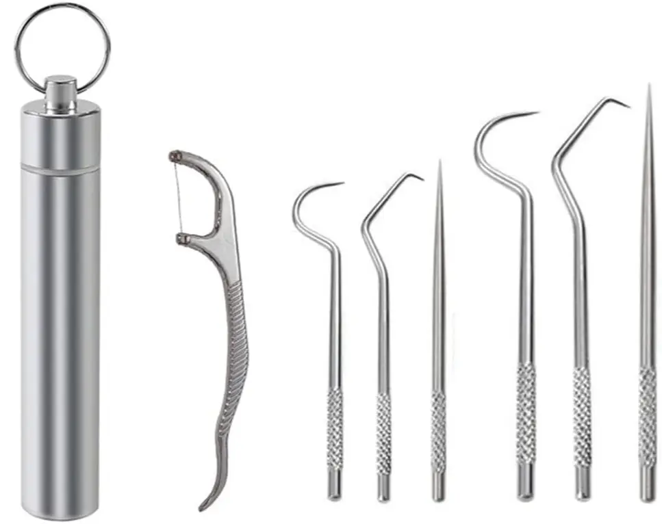 7-piece portable stainless steel toothpick pocket set, reusable metal toothpick cleaning kit with holder, suitable for outdoor picnics, camping trips