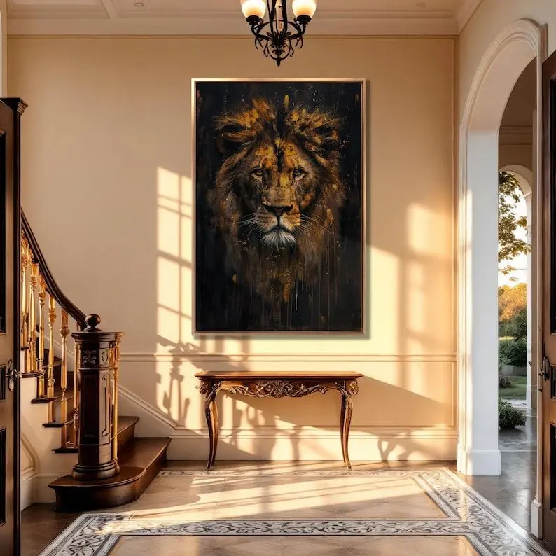 Majestic Lion Golden Abstract Painting Print King of the Jungle Canvas Wall Art Royal Animal Wall Decor Wildlife Ready to Hang Large Poster
