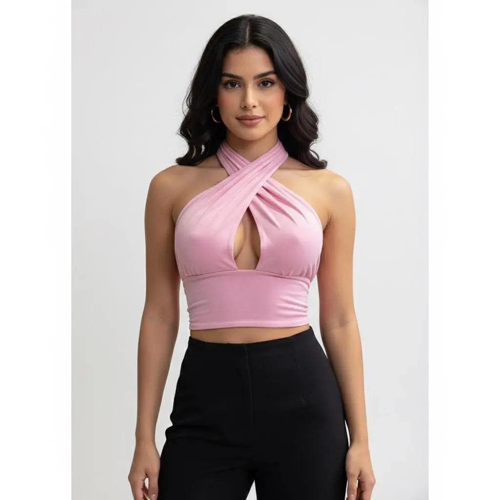 Pink Halter Top | Criss Cross Crop Top | Y2K Wrap Style Going-Out Shirt