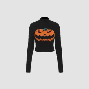 Cider [size 2-26] Lantern Pattern Knitted Long Sleeve Crop Top, Womenswear Halloween