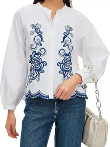 EZAPINE Women's Floral Embroidered Tops Boho Long Sleeve V Neck Button Up Shirt Spring Casual Blouses