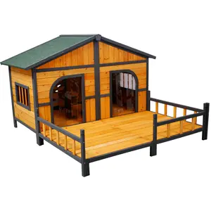  [Bellemave] Wooden Large Dog House with Porch, Weatherproof Outdoor Double XL Dog Kennel with Elevated Floor for Small Medium Breeds﻿