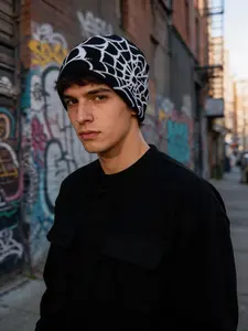 Winter Spider Web Knit Beanie - Black & White Jacquard Design, Warm Cold Weather Hat for Goth, Punk, Y2K & Street Style Gothic Beanie