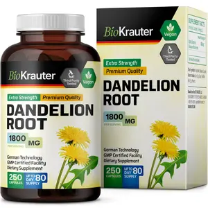 BioKrauter Dandelion Root Supplement 1800mg - 250 Vegan Capsules, Extra Strength, Premium Quality, Healthcare, Edible, Dietary, Fitness, Healthy Immune System Support