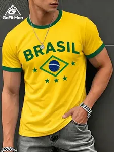 2026 New Men's Brazil Flag Print T-Shirt, Activewear Tee, High-Quality Soft Breathable Fabric, Fitted Round Neck, Streetwear, Gym, Daily Wear
