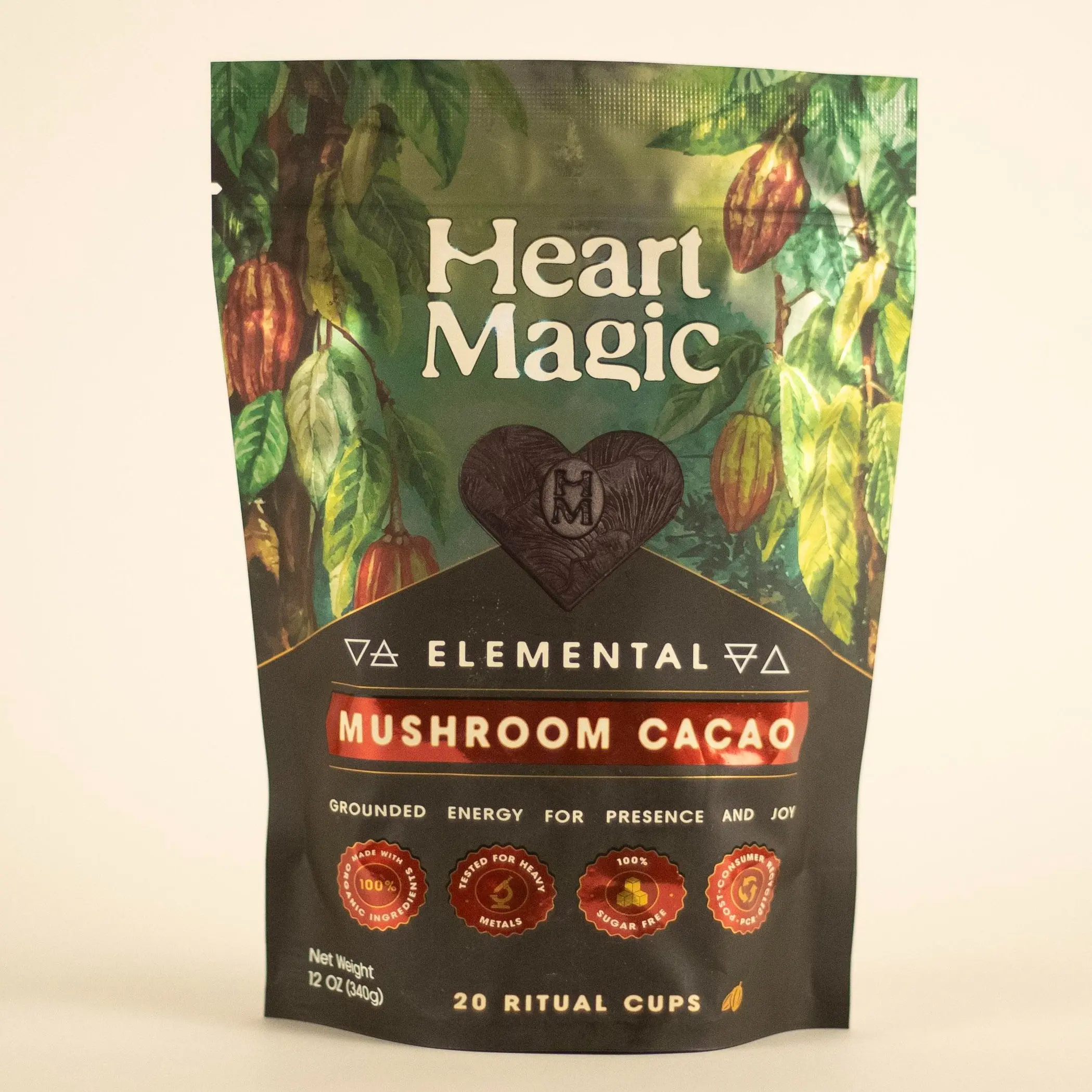 Heart Magic Ceremonial Cacao & Mushroom Blend Beverage Supplement - 6 Elemental Adaptogenic Varieties, 100% Organic Natural Flavor Cocoa, Coffee Alternative, Just Add Water