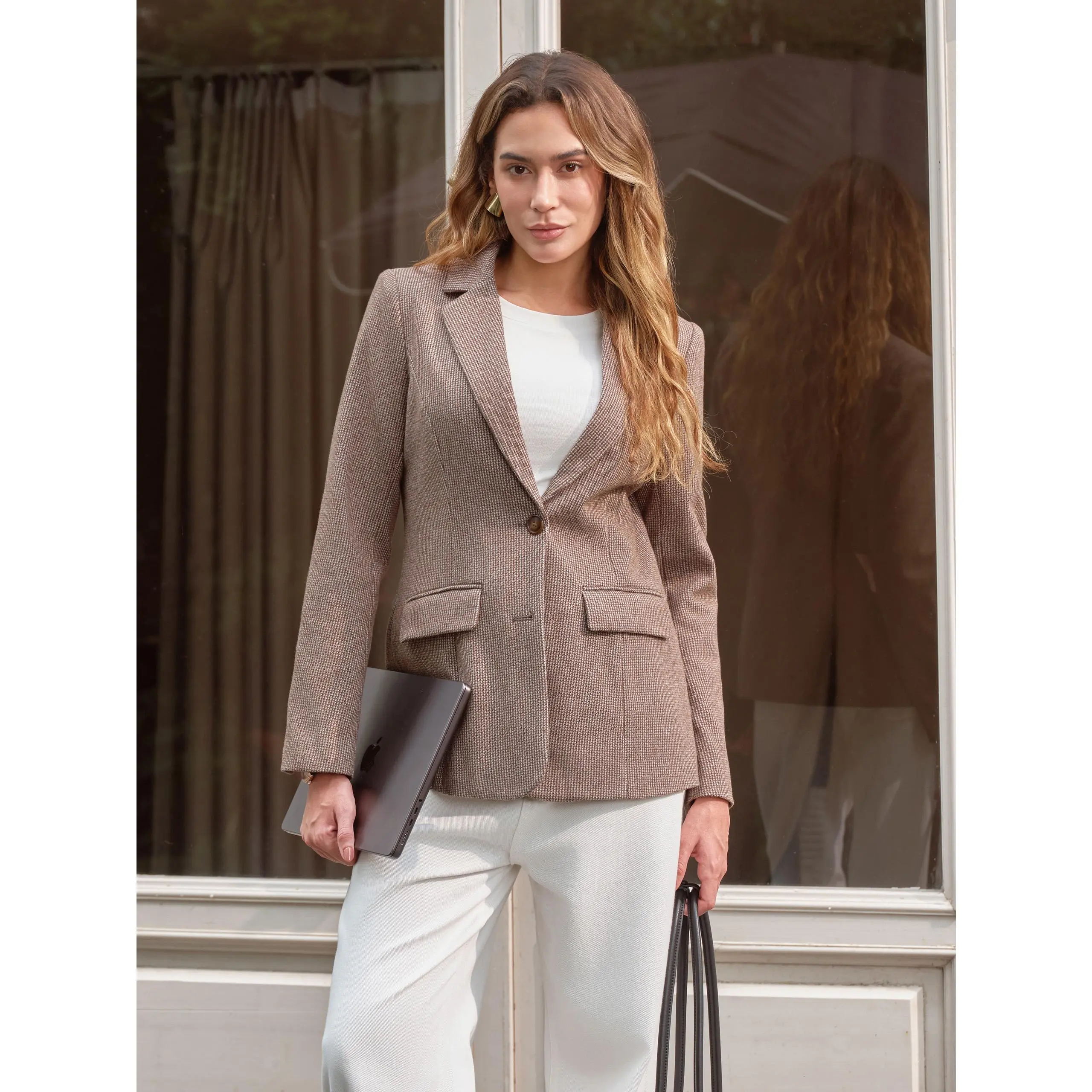 Simplee Womens Houndstooth Tweed Blazer | Long Sleeve Plaid Suit Jacket | Tailored Notch Lapel Work Office Casual Outfits