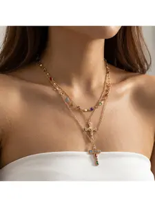 Trendy Layered Necklace Set for Women Multi Strand Colorful Chain with Sparkling Diamond Cross Pendant Perfect for Daily Wear and Instagram Fashion Styling