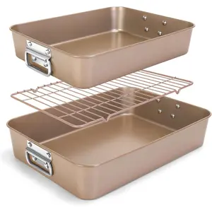 Roasting Pans with Handles, Bakeware Nonstick Steel Roaster with Flat Rack, Lasagna Pan 3 Inch Deep Baking Pan for Oven, Rectangle Cake Pans, Heavy Duty, Dishwasher Safe, 2 count 13.7"16",