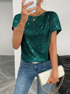 Women's Sequin Design Print Short Sleeve Shirt, Casual Fashion Top, Perfect Trendy Nk-0005-001, Daily Wear, Stylish Blouse, Womenswear, Fit