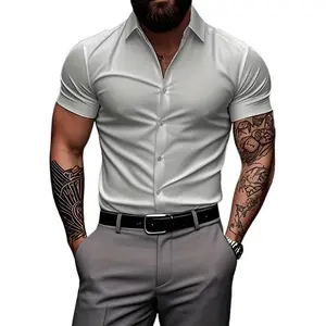 Men's muscle fit dress short sleeve sports button-up shirt for athletic builds moisture-wicking quick-dry stretch fabric collar menswear top white