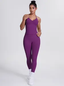 Women's Sports Suit, Neck Hanging Vest & Sports Pants 2-piece Set, Seamless Solid Color Fitness Suit, Running Training Pilates Set, Fitness Sportswear Set, Seamless Activewear