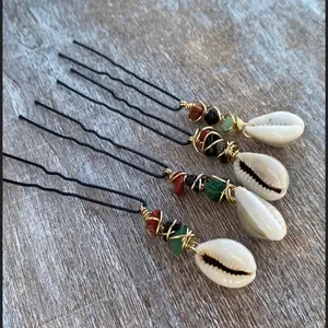 Cowrie Shell Hairpin Set with Red Black and Green Beads Loc Jewelry Braid Accessories Gold Wire Wrapped Hair Pins Handcrafted Boho Style