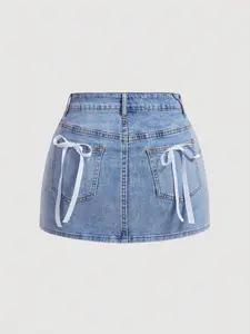 Women Casual Short Denim Skirt With Bow Decor