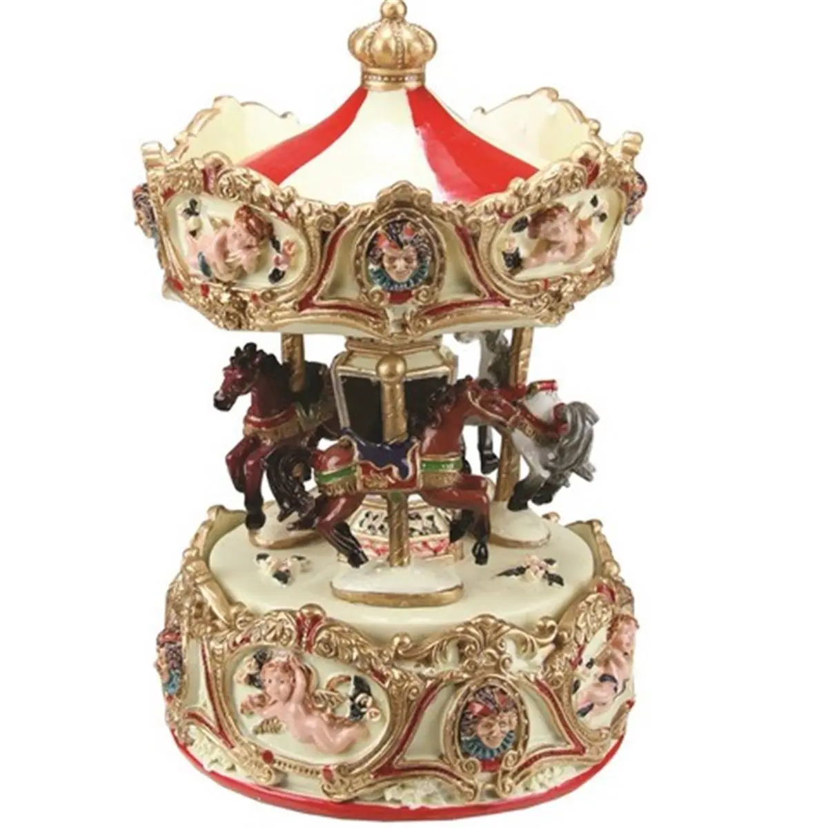 Northlight 212 MAIN 6.25 in. Gold Wind-Up Animated Musical Clown & Cupid Carousel Table Top Ornament - Canopy, 3 Horses, Man-Made Ivory Antique Indoor Decor, Novelty Ornaments Party Gifts with Wind-Up Play
