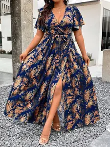 Plus Size Deep V-Neck Short Sleeve Summer Dress With All-Over Print