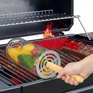 2 Pack Rolling Grill Basket, Removable Wooden Handle,Stainless Steel, Nesting BBQ Tools, Smoker Grilling Accessories for Vegetable, Outdoor Cooking Camping, Birthday Gifts for Men Dad Husband