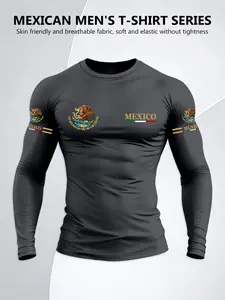 New Patriotic Original Pattern Shirt, Men's Round Neck Long Sleeve T-Shirt, Mexican Coat of Arms Print, Polyester Knit Fabric, Casual Sportswear